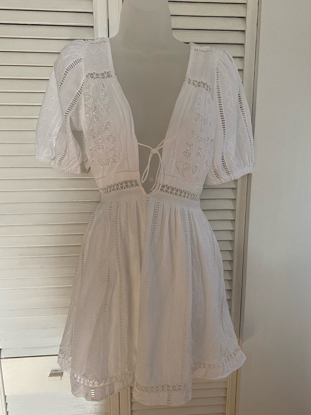 Urban Outfitters White Eyelet Cutout Tie-Front Mini Dress